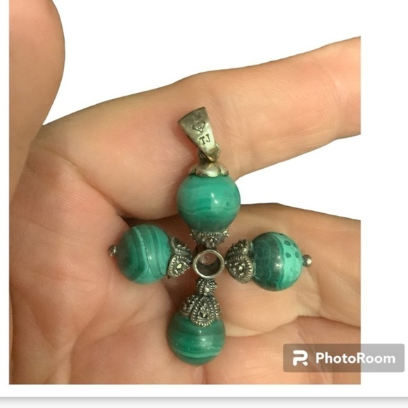 Judith Jack Sterling silver CZ Marcasite Malachite pendant - Picture 2 of 2